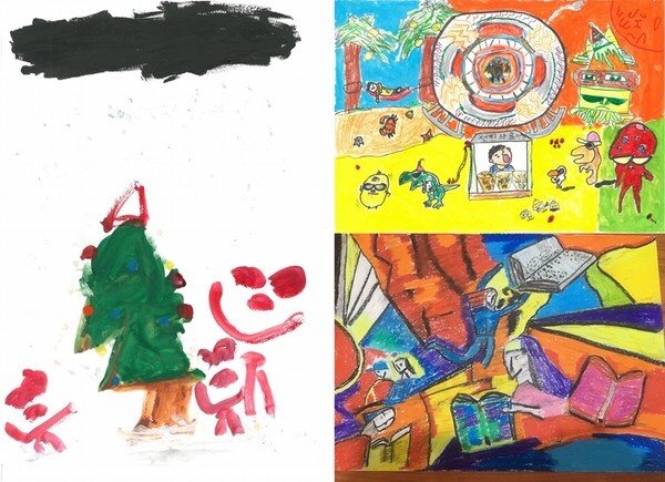 사진: 대상 - '언제나 크리스마스처럼' 이채원(5살) (좌측), 공동 금상 - '지구에 놀러온 외계인' 이준우(8살) (우측 상단), ‘Education: A More Colorful Future’ Hanskey G. Cordero(12살, 필리핀) (우측 하단) [제공 = 선진]