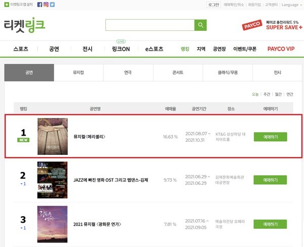 사진: 티켓링크 예매 랭킹 1위 [제공 = ㈜뷰티풀웨이]